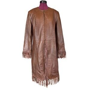 Double D Ranch Western Brown Long Leather Fringe Jacket Size Medium
